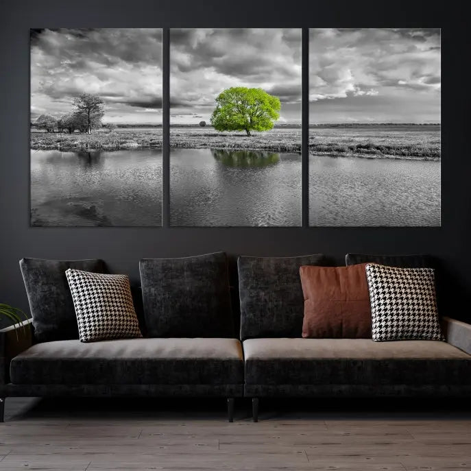 The Black and White Tree Landscape Painting Wall Art Tree Canvas Print is a stunning triptych that features a monochrome landscape punctuated with a single vivid green tree. The pieces are printed on museum-quality canvases, offering both durability and style, and are complemented by a UV-protective coating for added longevity.