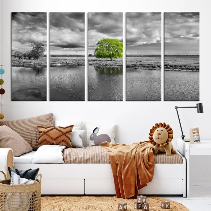 The Black and White Tree Landscape Painting Wall Art Tree Canvas Print is a stunning triptych that features a monochrome landscape punctuated with a single vivid green tree. The pieces are printed on museum-quality canvases, offering both durability and style, and are complemented by a UV-protective coating for added longevity.