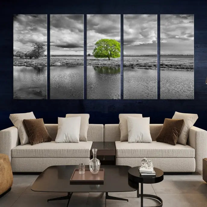 The Black and White Tree Landscape Painting Wall Art Tree Canvas Print is a stunning triptych that features a monochrome landscape punctuated with a single vivid green tree. The pieces are printed on museum-quality canvases, offering both durability and style, and are complemented by a UV-protective coating for added longevity.