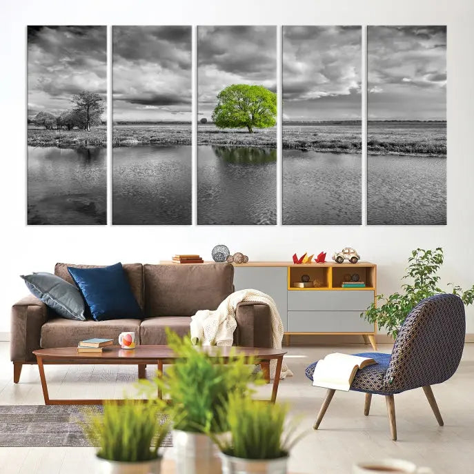 The Black and White Tree Landscape Painting Wall Art Tree Canvas Print is a stunning triptych that features a monochrome landscape punctuated with a single vivid green tree. The pieces are printed on museum-quality canvases, offering both durability and style, and are complemented by a UV-protective coating for added longevity.