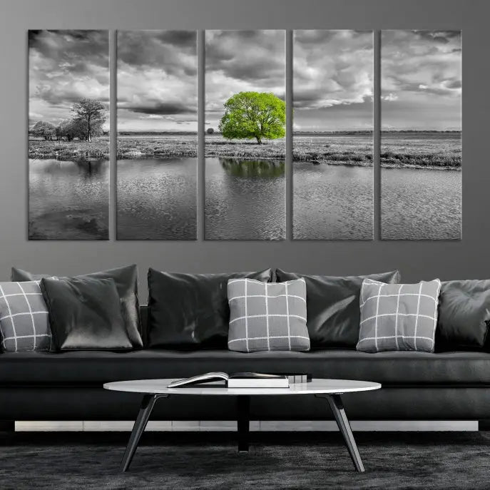 The Black and White Tree Landscape Painting Wall Art Tree Canvas Print is a stunning triptych that features a monochrome landscape punctuated with a single vivid green tree. The pieces are printed on museum-quality canvases, offering both durability and style, and are complemented by a UV-protective coating for added longevity.