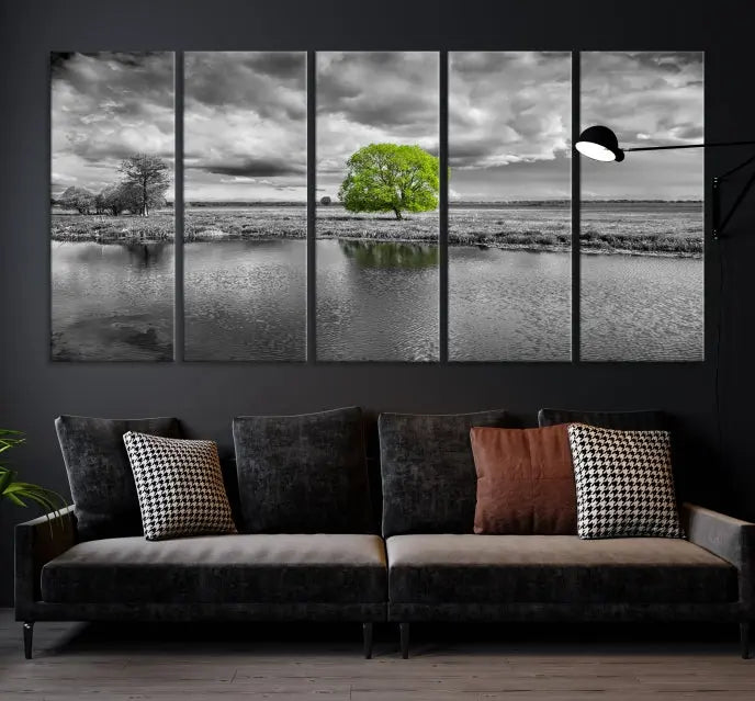 The Black and White Tree Landscape Painting Wall Art Tree Canvas Print is a stunning triptych that features a monochrome landscape punctuated with a single vivid green tree. The pieces are printed on museum-quality canvases, offering both durability and style, and are complemented by a UV-protective coating for added longevity.