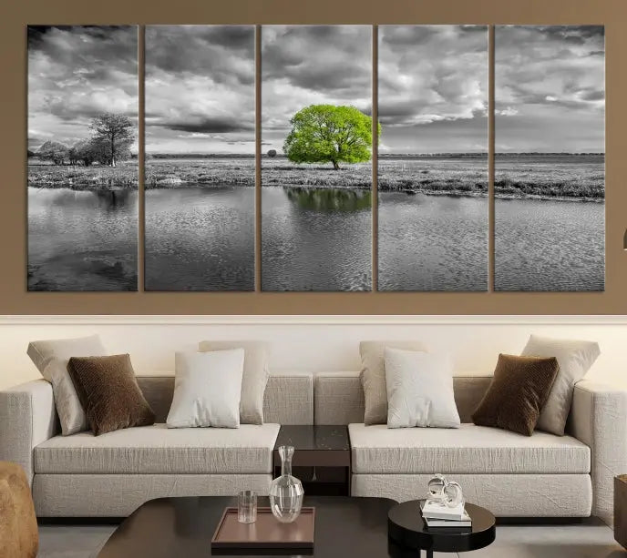 The Black and White Tree Landscape Painting Wall Art Tree Canvas Print is a stunning triptych that features a monochrome landscape punctuated with a single vivid green tree. The pieces are printed on museum-quality canvases, offering both durability and style, and are complemented by a UV-protective coating for added longevity.