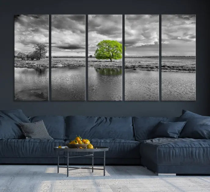 The Black and White Tree Landscape Painting Wall Art Tree Canvas Print is a stunning triptych that features a monochrome landscape punctuated with a single vivid green tree. The pieces are printed on museum-quality canvases, offering both durability and style, and are complemented by a UV-protective coating for added longevity.