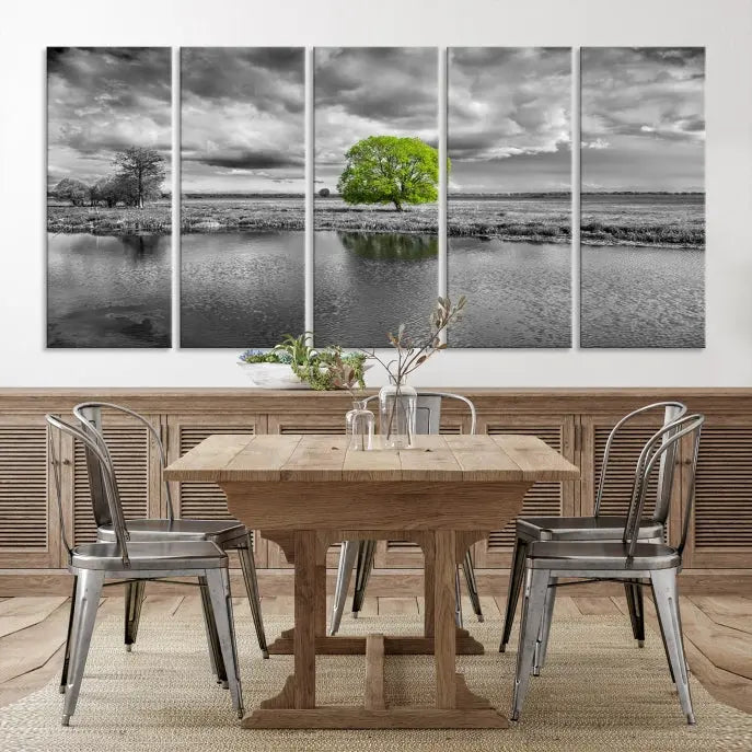 The Black and White Tree Landscape Painting Wall Art Tree Canvas Print is a stunning triptych that features a monochrome landscape punctuated with a single vivid green tree. The pieces are printed on museum-quality canvases, offering both durability and style, and are complemented by a UV-protective coating for added longevity.