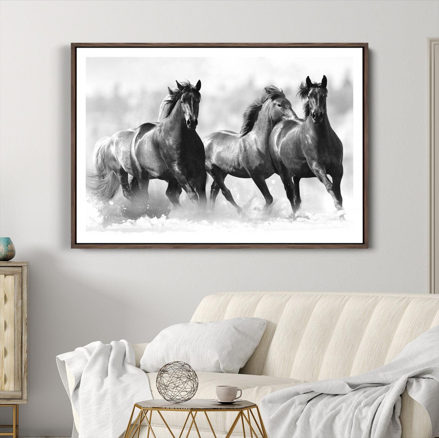 95472-MGC-FP-36x24-Black and White Wild Horses Wall Art Canvas | 3 Panel Large Running Horses Art for Living Room or