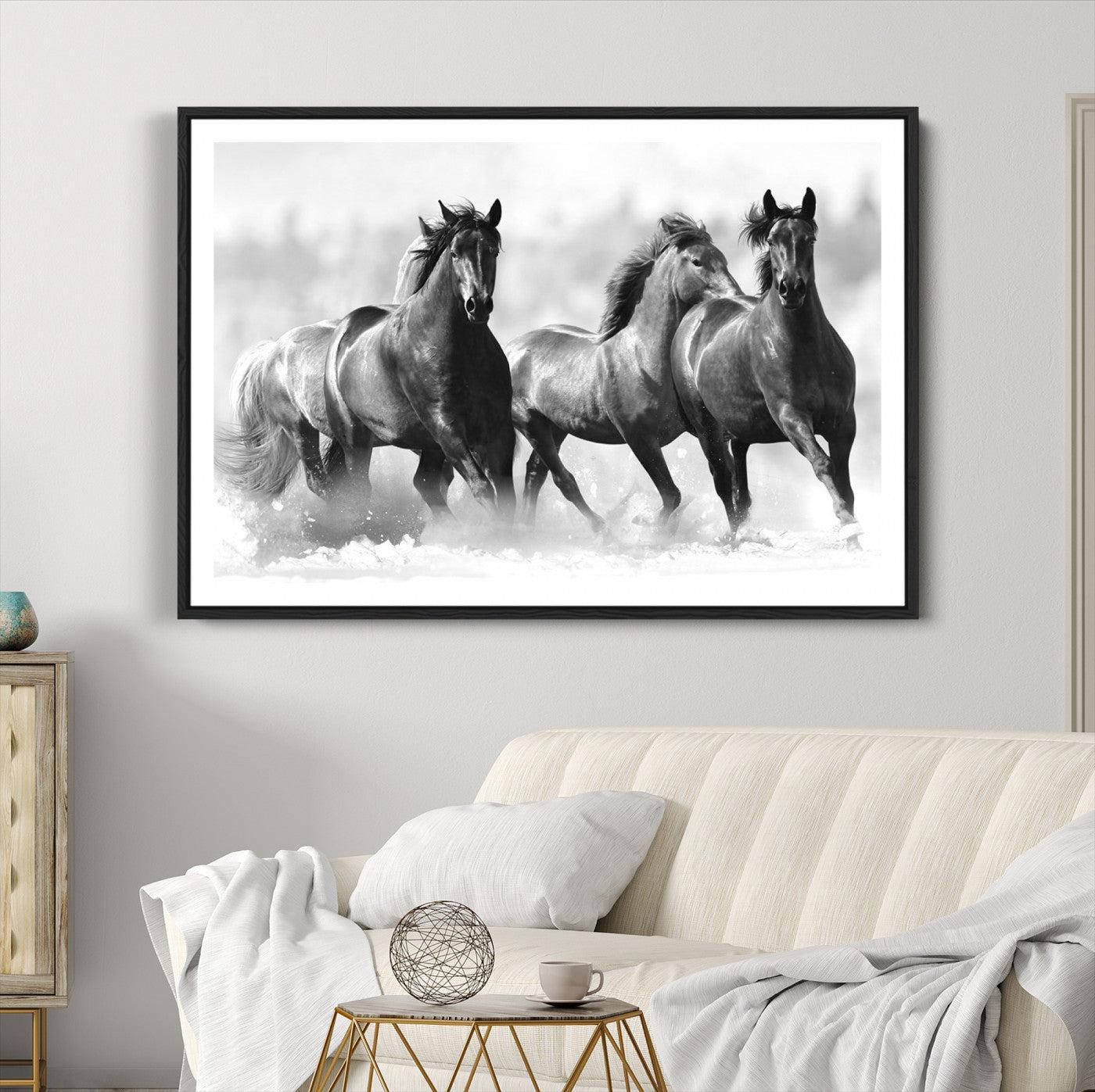 95472-MGC-FP-36x24-Black and White Wild Horses Wall Art Canvas | 3 Panel Large Running Horses Art for Living Room or