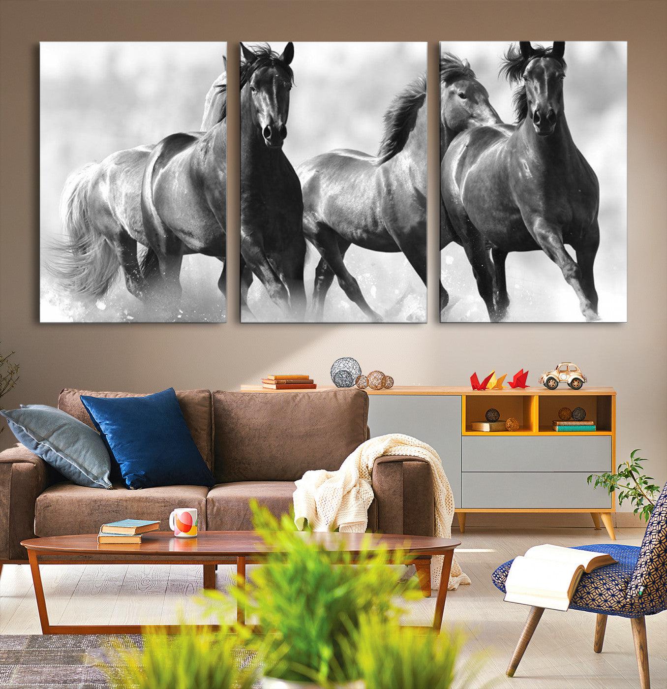 95472-MGV-CV-36X24-Black and White Wild Horses Wall Art Canvas | 3 Panel Large Running Horses Art for Living Room or