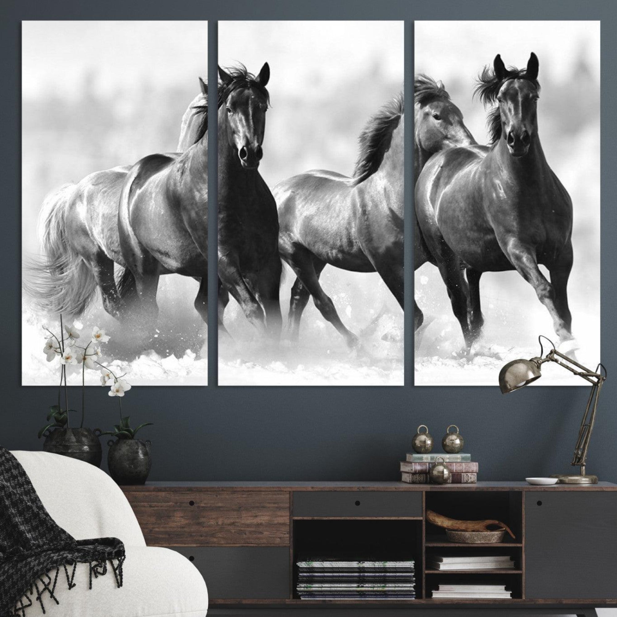 95472-MGV-CV-36X24-Black and White Wild Horses Wall Art Canvas | 3 Panel Large Running Horses Art for Living Room or