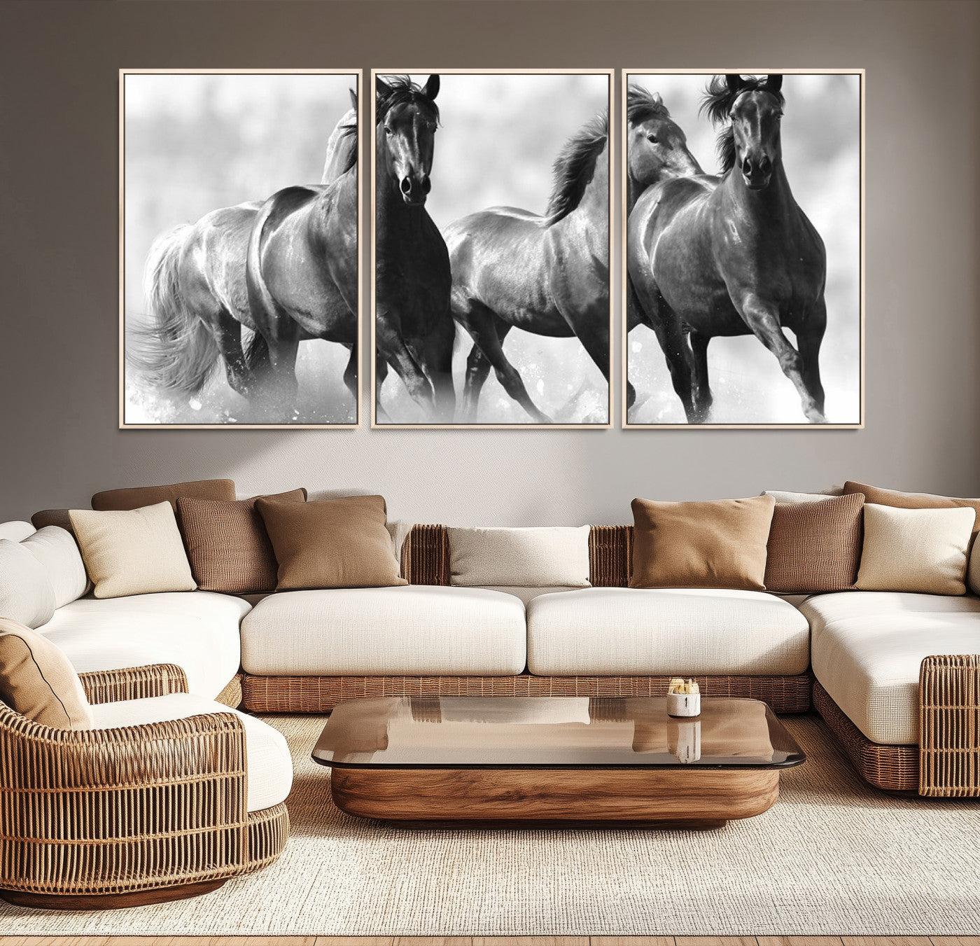 95472-MGV-CV-36X24-Black and White Wild Horses Wall Art Canvas | 3 Panel Large Running Horses Art for Living Room or