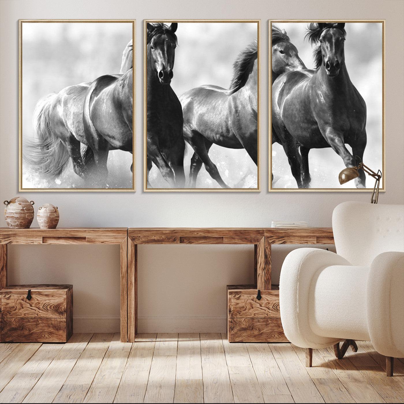 95472-MGV-CV-36X24-Black and White Wild Horses Wall Art Canvas | 3 Panel Large Running Horses Art for Living Room or