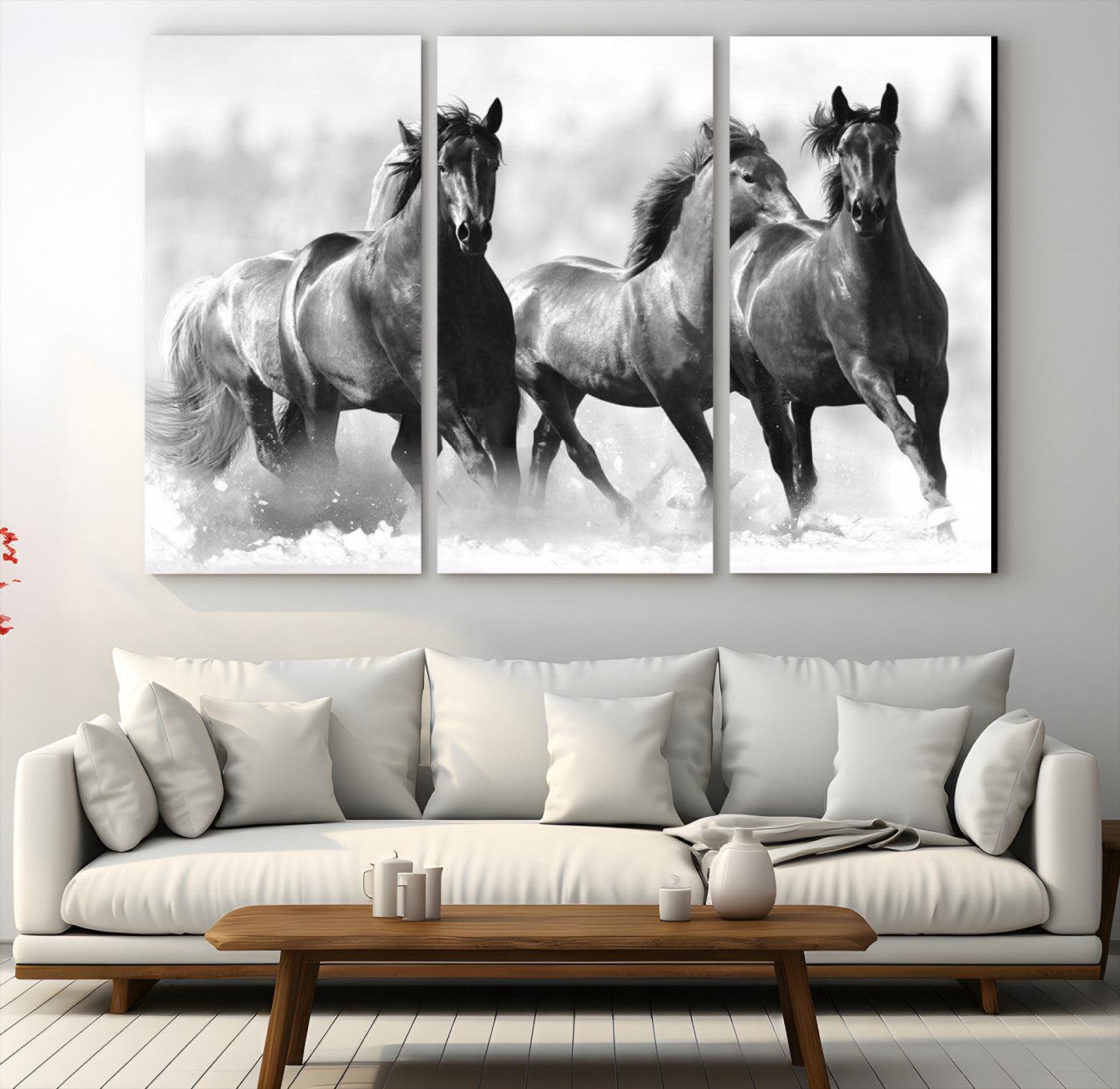 95472-MGV-CV-48X32-3P-Black and White Wild Horses Wall Art Canvas | 3 Panel Large Running Horses Art for Living Room or