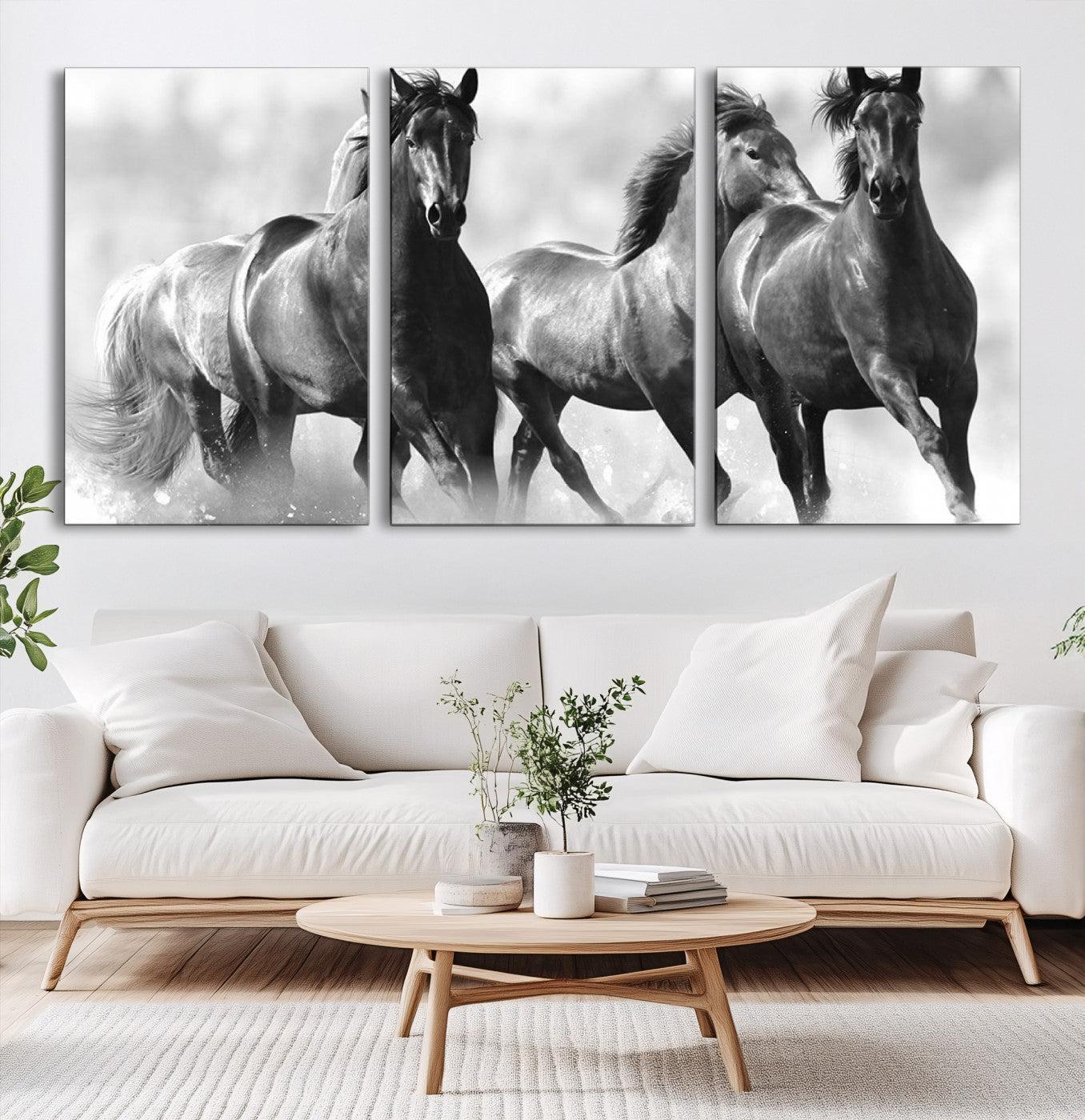 95472-MGV-CV-60X30-3P-Black and White Wild Horses Wall Art Canvas | 3 Panel Large Running Horses Art for Living Room or