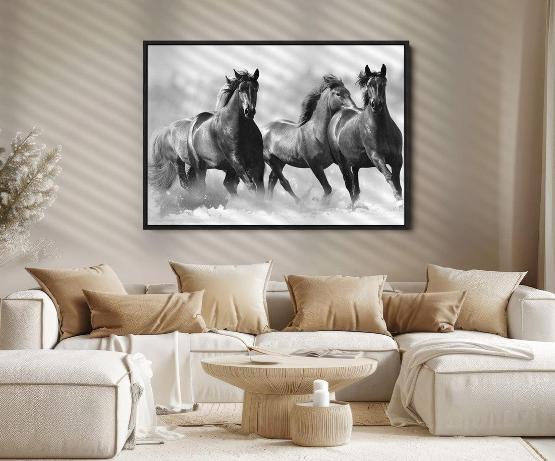 Black and White Wild Horses Wall Art Canvas