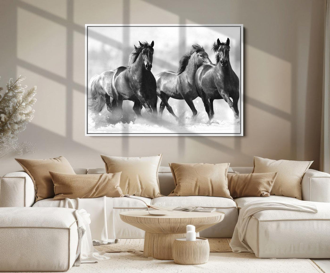 Black and White Wild Horses Wall Art Canvas