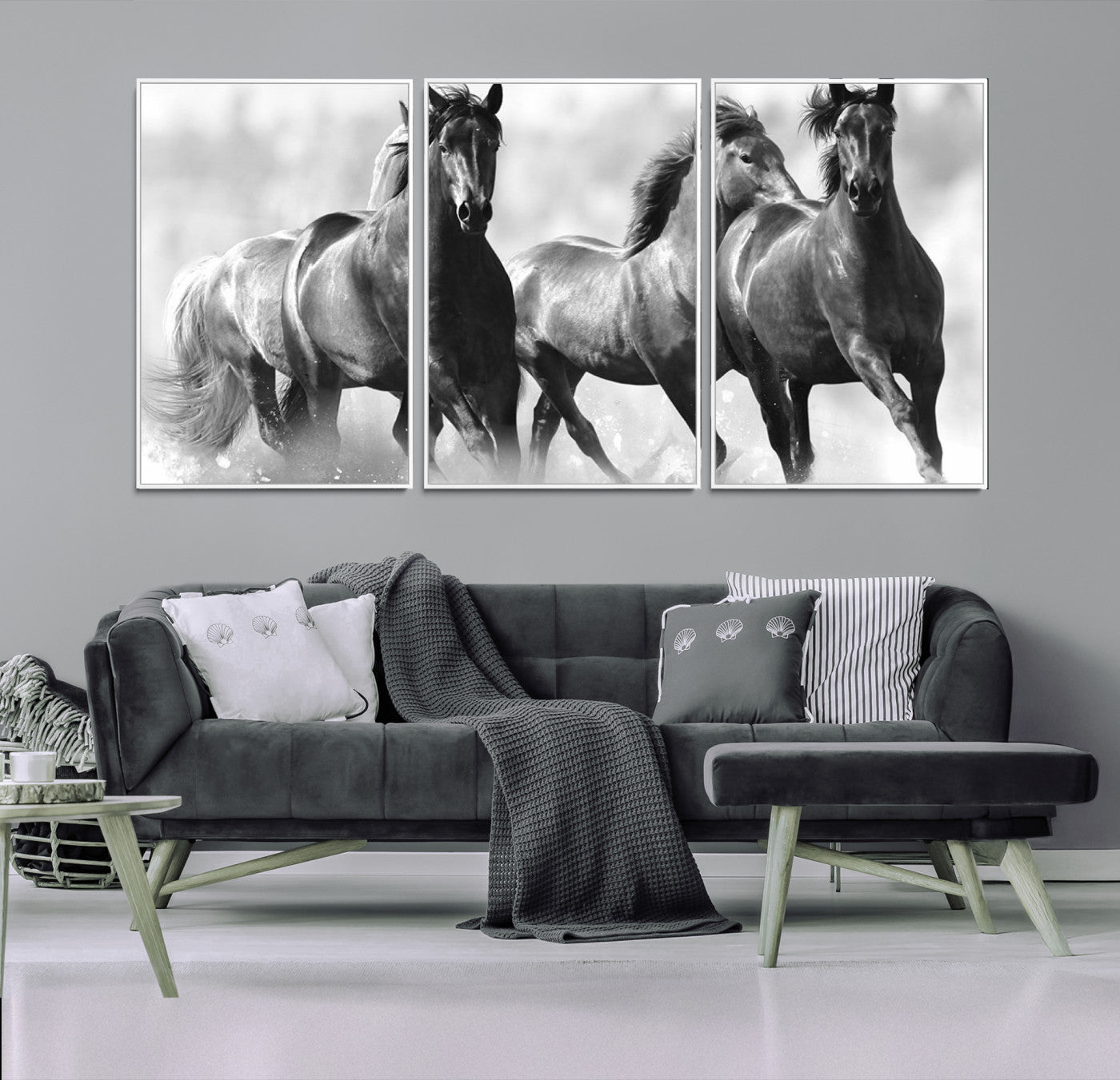 95472-MGV-FC-60X30-3P_White-Black and White Wild Horses Wall Art Canvas | 3 Panel Large Running Horses Art for Living Room or