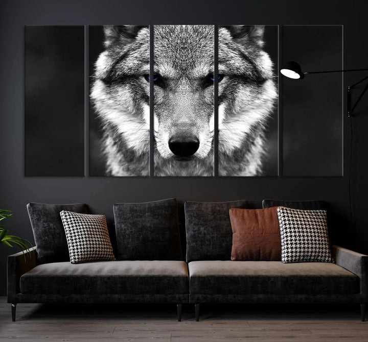 The Black and White Wild Wolf Wall Art Canvas Print, featuring a wolf with striking blue eyes, beautifully enhances any space. As a museum-quality piece with UV-protective coating and ready-to-hang design, it effortlessly brings elegance and convenience to your room.