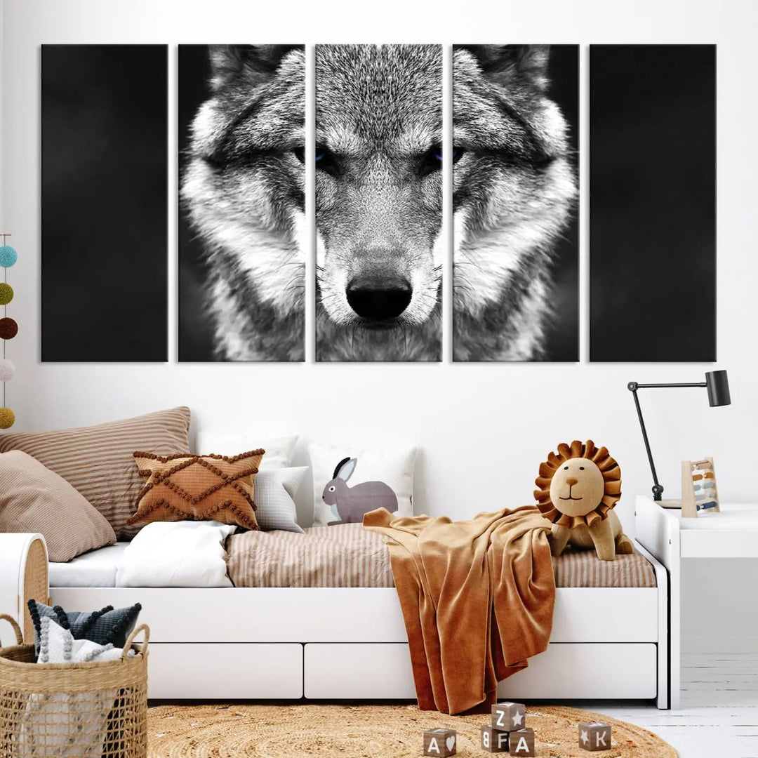 The Black and White Wild Wolf Wall Art Canvas Print, featuring a wolf with striking blue eyes, beautifully enhances any space. As a museum-quality piece with UV-protective coating and ready-to-hang design, it effortlessly brings elegance and convenience to your room.