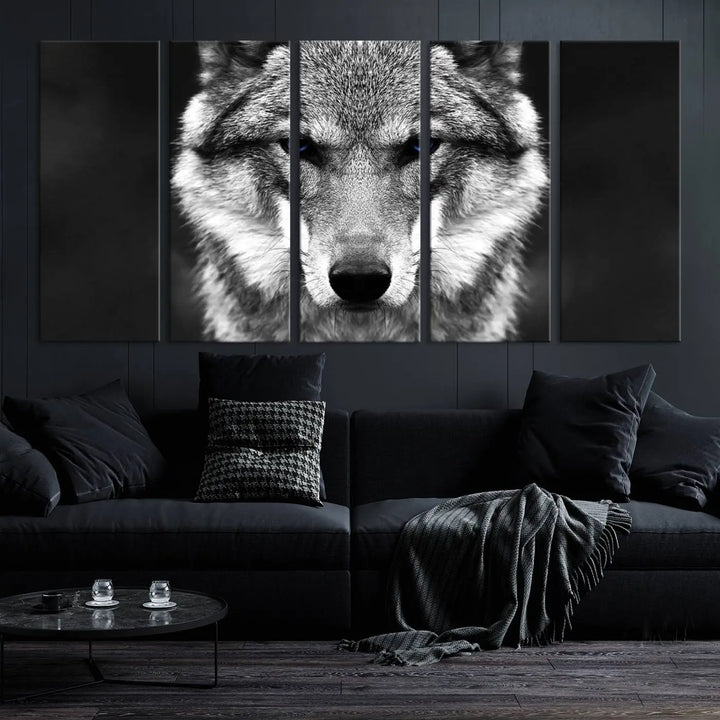 The Black and White Wild Wolf Wall Art Canvas Print, featuring a wolf with striking blue eyes, beautifully enhances any space. As a museum-quality piece with UV-protective coating and ready-to-hang design, it effortlessly brings elegance and convenience to your room.