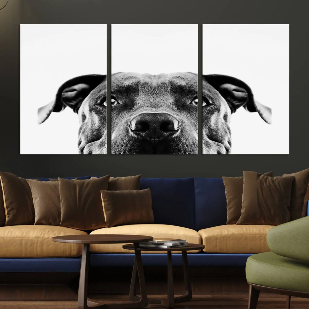 The "Black and White Pit Bull Dog Wall Art Canvas Print" elegantly adorns the living room, infusing character and charm into the contemporary setting. This captivating piece is perfect for dog lovers.