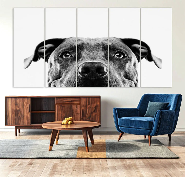 The "Black and White Pit Bull Dog Wall Art Canvas Print" elegantly adorns the living room, infusing character and charm into the contemporary setting. This captivating piece is perfect for dog lovers.