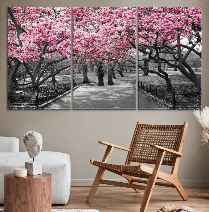 The "Blossom Cherry Trees and Leaves Wall Art Canvas Print" is a gallery-wrapped canvas that features a stunning depiction of a park path lined with pink blossoming trees in sepia tones. Its timeless beauty is preserved with a UV-protective coating.