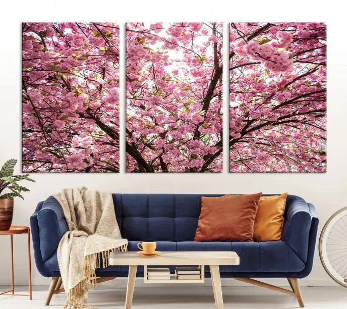 The Blossom Cherry Wall Art Canvas Print adds elegance to the cozy living room with its stunning triptych display. Professionally hand-assembled on museum-quality canvases, these pieces hang gracefully, featuring a UV-protective coating that ensures lasting vibrant beauty.