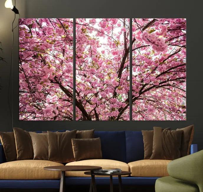 The Blossom Cherry Wall Art Canvas Print adds elegance to the cozy living room with its stunning triptych display. Professionally hand-assembled on museum-quality canvases, these pieces hang gracefully, featuring a UV-protective coating that ensures lasting vibrant beauty.