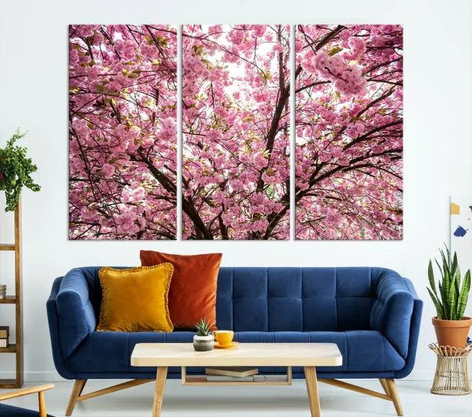 The Blossom Cherry Wall Art Canvas Print adds elegance to the cozy living room with its stunning triptych display. Professionally hand-assembled on museum-quality canvases, these pieces hang gracefully, featuring a UV-protective coating that ensures lasting vibrant beauty.