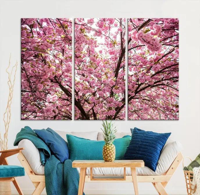 The Blossom Cherry Wall Art Canvas Print adds elegance to the cozy living room with its stunning triptych display. Professionally hand-assembled on museum-quality canvases, these pieces hang gracefully, featuring a UV-protective coating that ensures lasting vibrant beauty.