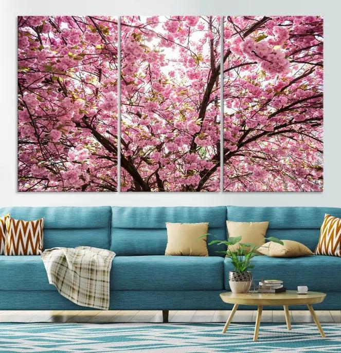 The Blossom Cherry Wall Art Canvas Print adds elegance to the cozy living room with its stunning triptych display. Professionally hand-assembled on museum-quality canvases, these pieces hang gracefully, featuring a UV-protective coating that ensures lasting vibrant beauty.