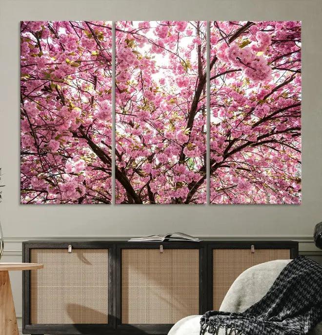 The Blossom Cherry Wall Art Canvas Print adds elegance to the cozy living room with its stunning triptych display. Professionally hand-assembled on museum-quality canvases, these pieces hang gracefully, featuring a UV-protective coating that ensures lasting vibrant beauty.