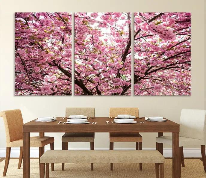 The Blossom Cherry Wall Art Canvas Print adds elegance to the cozy living room with its stunning triptych display. Professionally hand-assembled on museum-quality canvases, these pieces hang gracefully, featuring a UV-protective coating that ensures lasting vibrant beauty.