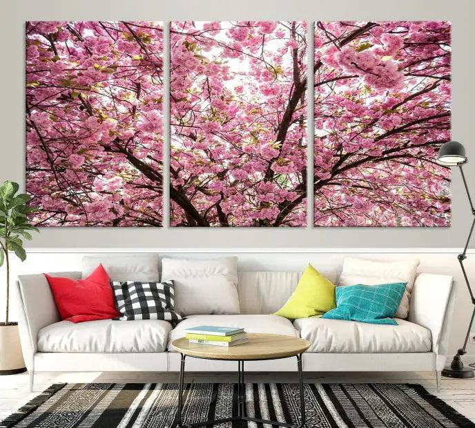 The Blossom Cherry Wall Art Canvas Print adds elegance to the cozy living room with its stunning triptych display. Professionally hand-assembled on museum-quality canvases, these pieces hang gracefully, featuring a UV-protective coating that ensures lasting vibrant beauty.