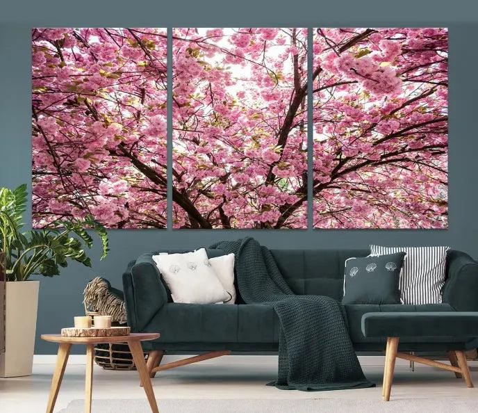 The Blossom Cherry Wall Art Canvas Print adds elegance to the cozy living room with its stunning triptych display. Professionally hand-assembled on museum-quality canvases, these pieces hang gracefully, featuring a UV-protective coating that ensures lasting vibrant beauty.