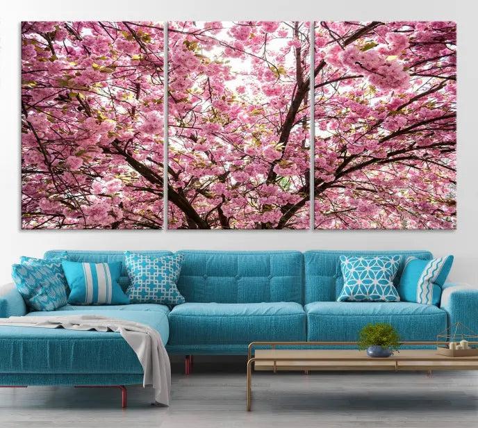 The Blossom Cherry Wall Art Canvas Print adds elegance to the cozy living room with its stunning triptych display. Professionally hand-assembled on museum-quality canvases, these pieces hang gracefully, featuring a UV-protective coating that ensures lasting vibrant beauty.