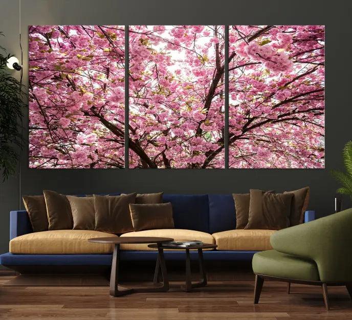 The Blossom Cherry Wall Art Canvas Print adds elegance to the cozy living room with its stunning triptych display. Professionally hand-assembled on museum-quality canvases, these pieces hang gracefully, featuring a UV-protective coating that ensures lasting vibrant beauty.