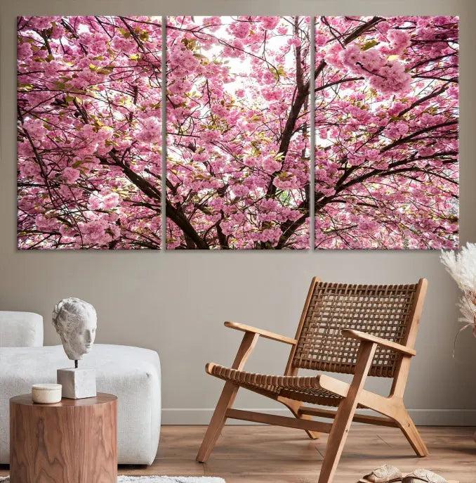 The Blossom Cherry Wall Art Canvas Print adds elegance to the cozy living room with its stunning triptych display. Professionally hand-assembled on museum-quality canvases, these pieces hang gracefully, featuring a UV-protective coating that ensures lasting vibrant beauty.