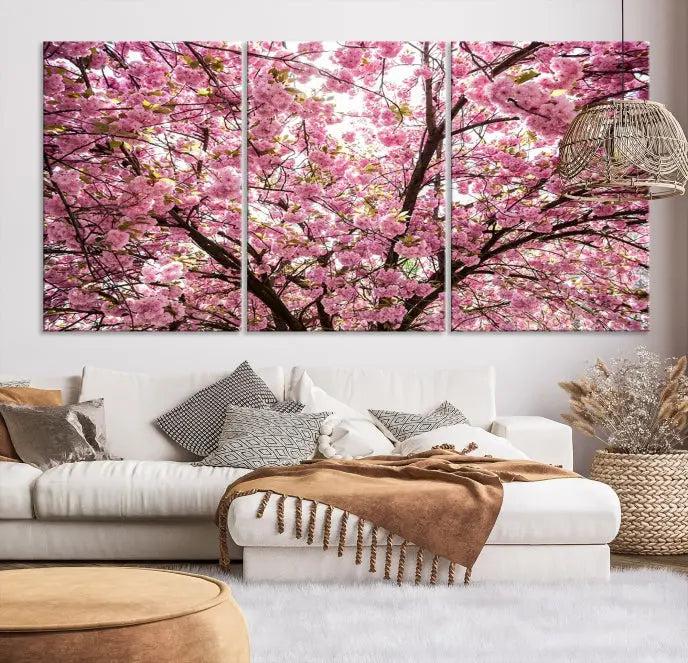 The Blossom Cherry Wall Art Canvas Print adds elegance to the cozy living room with its stunning triptych display. Professionally hand-assembled on museum-quality canvases, these pieces hang gracefully, featuring a UV-protective coating that ensures lasting vibrant beauty.