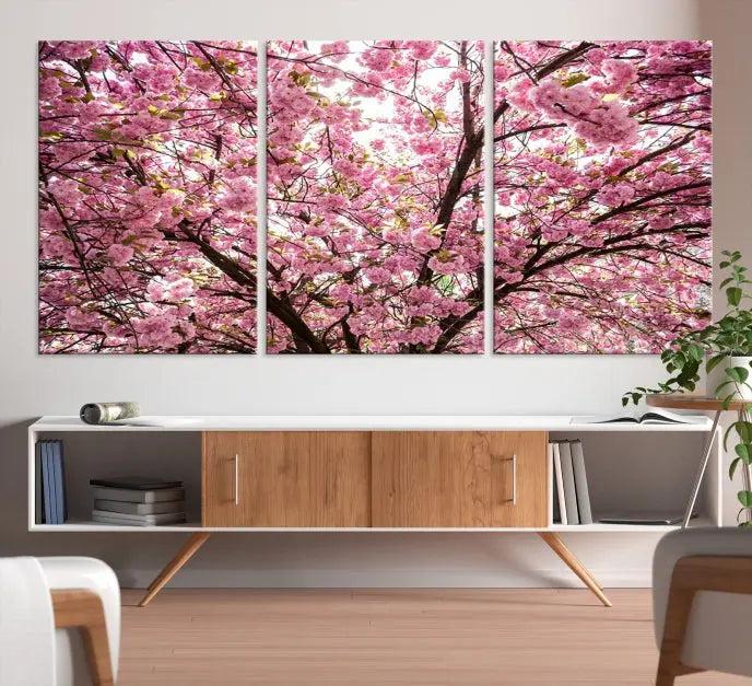 The Blossom Cherry Wall Art Canvas Print adds elegance to the cozy living room with its stunning triptych display. Professionally hand-assembled on museum-quality canvases, these pieces hang gracefully, featuring a UV-protective coating that ensures lasting vibrant beauty.