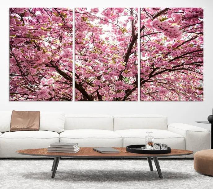 The Blossom Cherry Wall Art Canvas Print adds elegance to the cozy living room with its stunning triptych display. Professionally hand-assembled on museum-quality canvases, these pieces hang gracefully, featuring a UV-protective coating that ensures lasting vibrant beauty.