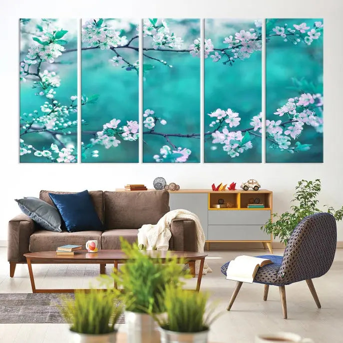 A living room enhanced by a gallery-wrapped "Blossoming Cherry in Spring" wall art canvas print. Enjoy this museum-quality piece with free shipping.