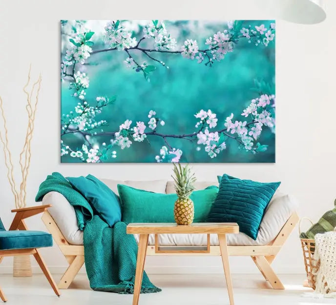 A living room enhanced by a gallery-wrapped "Blossoming Cherry in Spring" wall art canvas print. Enjoy this museum-quality piece with free shipping.