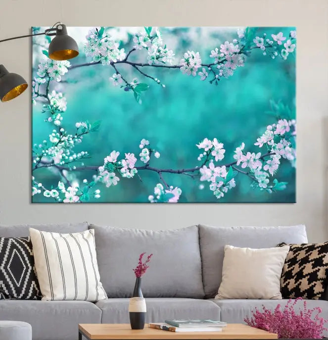 A living room enhanced by a gallery-wrapped "Blossoming Cherry in Spring" wall art canvas print. Enjoy this museum-quality piece with free shipping.