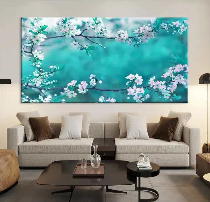 A living room enhanced by a gallery-wrapped "Blossoming Cherry in Spring" wall art canvas print. Enjoy this museum-quality piece with free shipping.