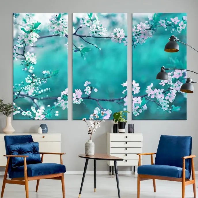 A living room enhanced by a gallery-wrapped "Blossoming Cherry in Spring" wall art canvas print. Enjoy this museum-quality piece with free shipping.