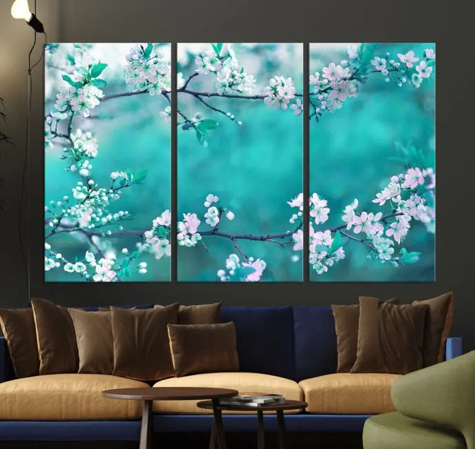 A living room enhanced by a gallery-wrapped "Blossoming Cherry in Spring" wall art canvas print. Enjoy this museum-quality piece with free shipping.