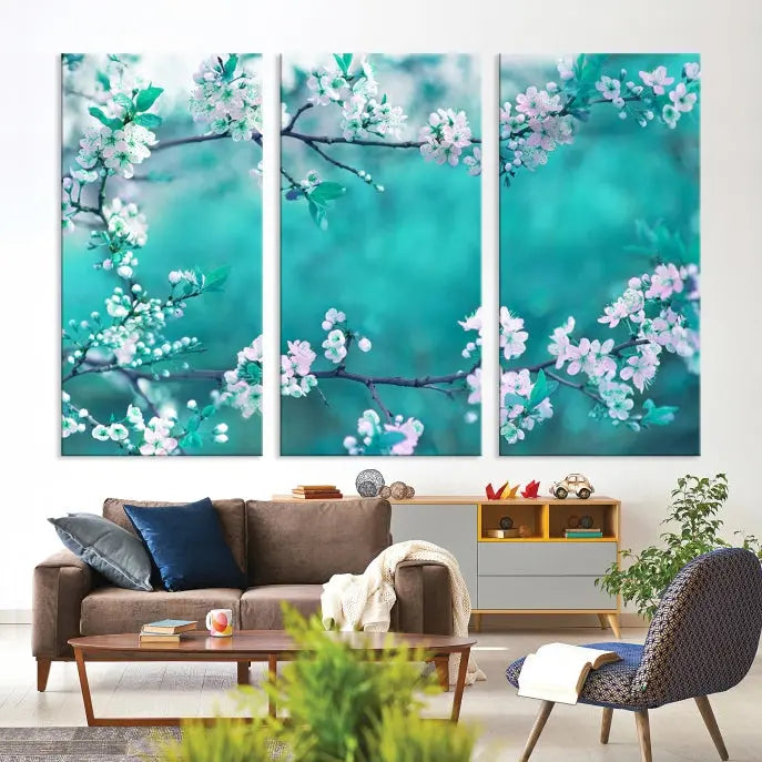 A living room enhanced by a gallery-wrapped "Blossoming Cherry in Spring" wall art canvas print. Enjoy this museum-quality piece with free shipping.