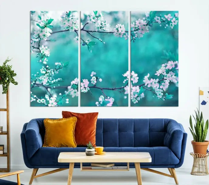 A living room enhanced by a gallery-wrapped "Blossoming Cherry in Spring" wall art canvas print. Enjoy this museum-quality piece with free shipping.