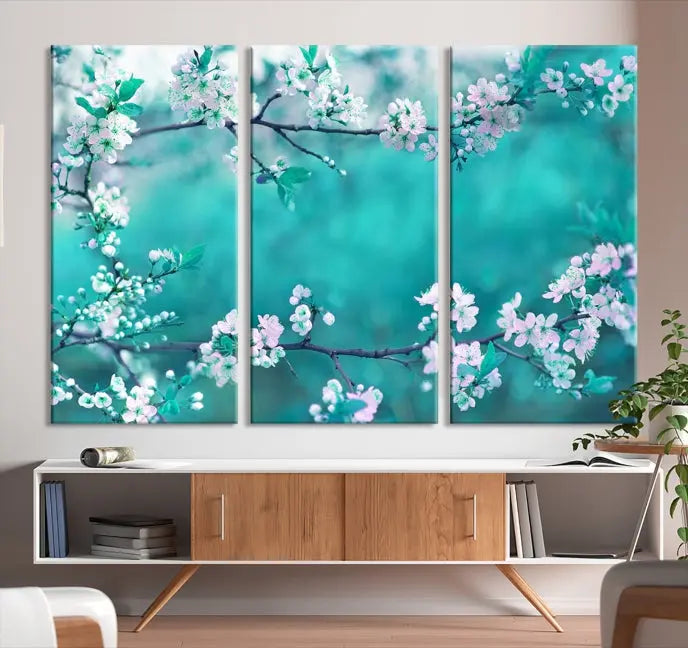 A living room enhanced by a gallery-wrapped "Blossoming Cherry in Spring" wall art canvas print. Enjoy this museum-quality piece with free shipping.